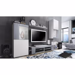 Meubles de salon en blanc et aspect avola anthracite led Blanc