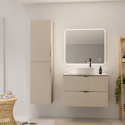 Cet ensemble est composé : - D'un meuble de salle de bain à suspendre beige cachemire mat 79.4 cm - Effet strié - A monter so ...