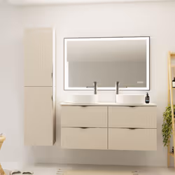 Cet ensemble est composé : - D'un meuble de salle de bain avec deux caissons à suspendre beige cachemire mat 119 cm - Effet s ...