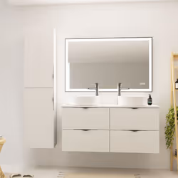 Cet ensemble est composé : - D'un meuble de salle de bain avec deux caissons à suspendre blanc mat 119 cm - Effet strié - A m ...