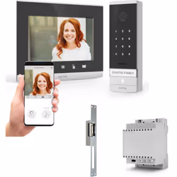 Kit Visiophone filaire connecté Extel Code Connect avec digicode intégré, son transformateur RAIL DIN et sa gâche électrique