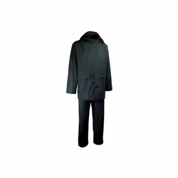Complet de pluie (veste et pantalon).Polyuréthane/P.V.C sur support polyester. 280 g/m².Veste:* Capuche fixe avec cordon de s ...