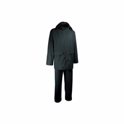 Complet de pluie (veste et pantalon).Polyuréthane/P.V.C sur support polyester. 280 g/m².Veste:* Capuche fixe avec cordon de s ...
