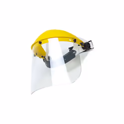 Calotte coloris jaune. Serre-tête réglable par crémaillère. Bande anti-transpiration. Visière transparente relevable en polyc ...