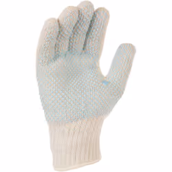 Jauge 7. Support tricoté une pièce(sans couture) en polyester/coton. Picots P.V.C bleu sur la paume. Poignet élastique. Fabri ...
