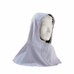 Cagoule de protection pour soudeur. Cuir croûte de bovin. Ouverture à l’avant par 3 pressions sous rabat cuir. Large protecti ...