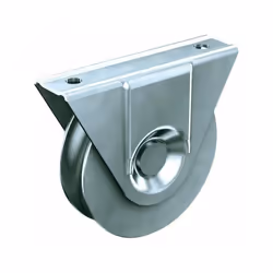 Monture acier sur galet acier. Gorge ronde pour rail rond. Finition : zingué blanc