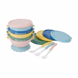 Badabulle Lot de 5 bols antidérapants et 3 cuillères souples, Bol pour enfants en bas âge, Multicolore, Silicone, Garçon/Fill ...