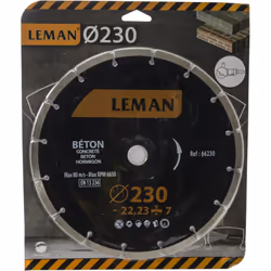 Disque diamant à segments - D. 230 x 2.5 x 22.23 mm - HT. 7 mm - Béton - LEMAN - 66230