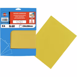 PAPIER CORINDON 230X280 GR 60 JAUNE Papier poids C (D pour les grains 40 et 60). Liant double résine.