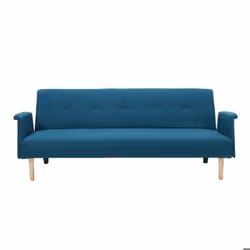 Canapé convertible scandinave 3 places en tissu bleu canard et bois clair OSCAR