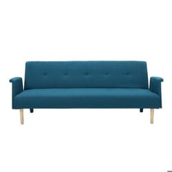 Canapé convertible scandinave 3 places en tissu bleu canard et bois clair OSCAR