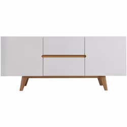 Buffet scandinave blanc brillant et finition bois clair 2 portes 2 tiroirs L160cm MELKA