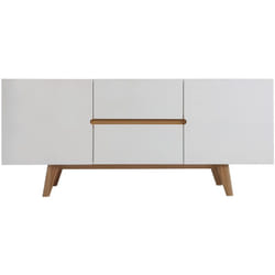 Buffet scandinave blanc brillant et finition bois clair 2 portes 2 tiroirs L160cm MELKA