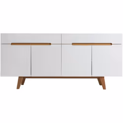 Buffet scandinave blanc brillant et finition bois clair 4 portes 2 tiroirs L180 cm MELKA