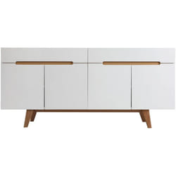 Buffet scandinave blanc brillant et finition bois clair 4 portes 2 tiroirs L180 cm MELKA