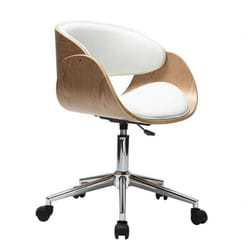 Chaise de bureau à roulettes design blanc, bois clair et acier chromé bent