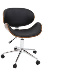 Chaise de bureau à roulettes design noir, bois foncé noyer et acier chromé WALNUT