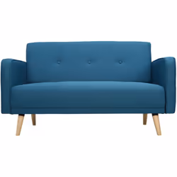 Canapé scandinave 2 places en tissu bleu canard et bois clair ULLA