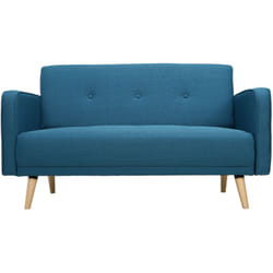 Canapé scandinave 2 places en tissu bleu canard et bois clair ULLA