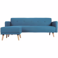 Canapé convertible scandinave 3 places avec repose-pieds en tissu bleu canard et bois clair ULLA