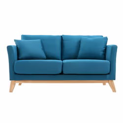 Canapé scandinave déhoussable 2 places en tissu bleu canard et bois clair OSLO