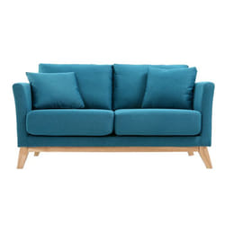 Canapé scandinave déhoussable 2 places en tissu bleu canard et bois clair OSLO