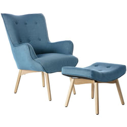 Fauteuil avec repose-pieds scandinave en tissu bleu canard et bois clair BRISTOL