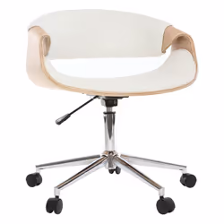 Chaise de bureau à roulettes design blanc, bois clair et acier chromé ARAMIS