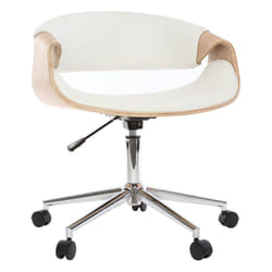 Chaise de bureau à roulettes design blanc, bois clair et acier chromé ARAMIS