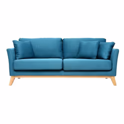 Canapé scandinave déhoussable 3 places en tissu bleu canard et bois clair OSLO