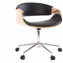 Chaise de bureau à roulettes design noir, bois clair et acier chromé ARAMIS