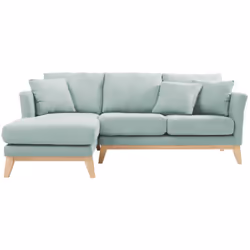 Canapé d'angle gauche déhoussable scandinave en tissu vert lagon et bois clair 3-4 places OSLO