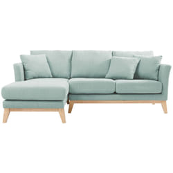 Canapé d'angle gauche déhoussable scandinave en tissu vert lagon et bois clair 3-4 places OSLO