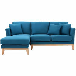 Canapé d'angle gauche scandinave bleu canard déhoussable et bois clair 3-4 places OSLO