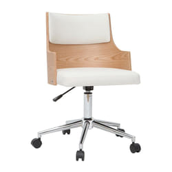 Chaise de bureau à roulettes design blanc, bois clair et acier chromé mayol