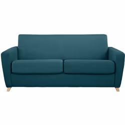 Canapé convertible 3 places en tissu bleu canard et bois clair avec matelas L140 cm 13 cm GRAHAM