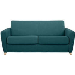Canapé convertible 3 places en tissu bleu canard et bois clair avec matelas L140 cm 13 cm GRAHAM