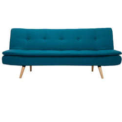 Canapé convertible scandinave 3 places en tissu bleu canard et bois clair SENSO