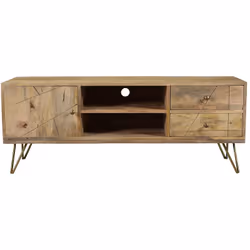 Meuble TV gravé en bois manguier massif et métal L130 LINIUM
