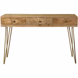 Console avec rangements 3 tiroirs en bois manguier massif gravé et métal doré L120 cm LINIUM