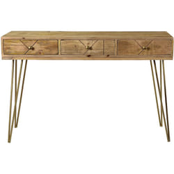 Console avec rangements 3 tiroirs en bois manguier massif gravé et métal doré L120 cm LINIUM