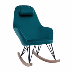 Rocking chair design en tissu velours bleu canard, métal noir et bois clair JHENE