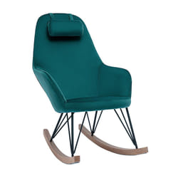 Rocking chair design en tissu velours bleu canard, métal noir et bois clair JHENE