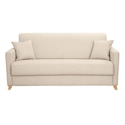 Miliboo - Canapé convertible 3 places en tissu beige et bois clair avec matelas 13 cm SKANDY