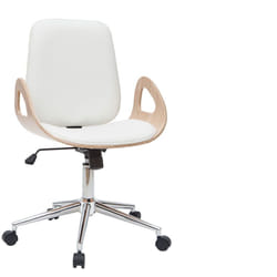 Chaise de bureau à roulettes design blanc, bois clair et acier chromé GLORY