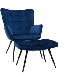 Fauteuil avec repose-pieds design en tissu velours bleu foncé et métal noir MOOD