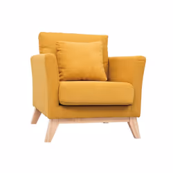 Fauteuil scandinave déhoussable en tissu effet velours jaune moutarde et bois clair OSLO