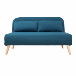 Chauffeuse 2 places convertible en tissu bleu canard et bois clair AMIKO