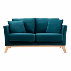 Canapé scandinave déhoussable 2 places en tissu velours bleu pétrole et bois clair OSLO
